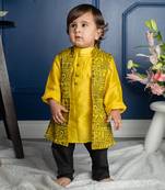 Yellow chanderi silk embroidered thread nehru jacket with kurta set