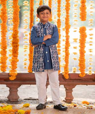 Blue chanderi embroidered thread nehru jacket and kurta set 1