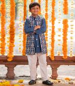 Blue chanderi embroidered thread nehru jacket and kurta set