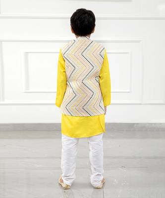Off white cotton embroidered thread nehru jacket and yellow kurta set 2