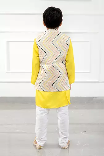 Off white cotton embroidered thread nehru jacket and yellow kurta set