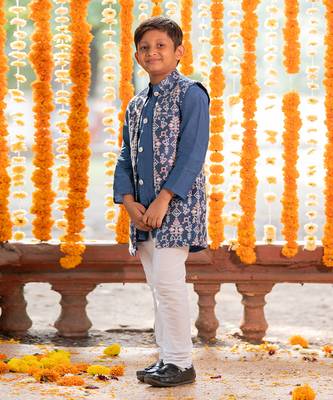 Blue chanderi embroidered thread nehru jacket and kurta set 2
