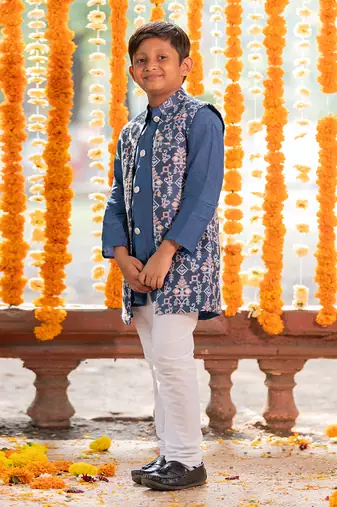 Blue chanderi embroidered thread nehru jacket and kurta set