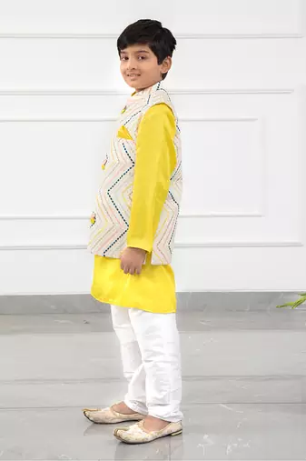 Off white cotton embroidered thread nehru jacket and yellow kurta set