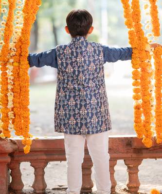 Blue chanderi embroidered thread nehru jacket and kurta set 3
