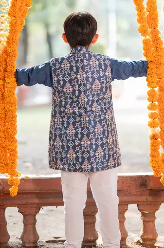 Blue chanderi embroidered thread nehru jacket and kurta set
