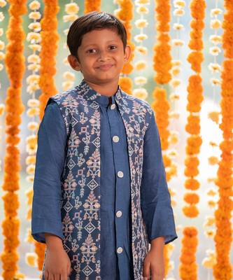 Blue chanderi embroidered thread nehru jacket and kurta set 4