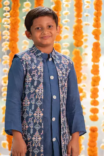 Blue chanderi embroidered thread nehru jacket and kurta set