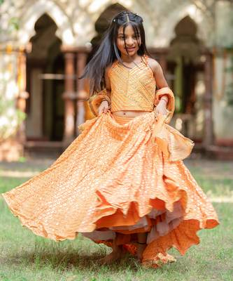 Orange silk embroidered sequin lehenga set 1