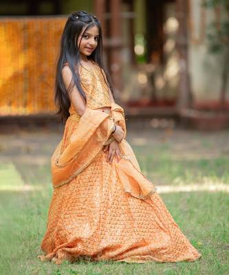 Orange silk embroidered sequin lehenga set 3