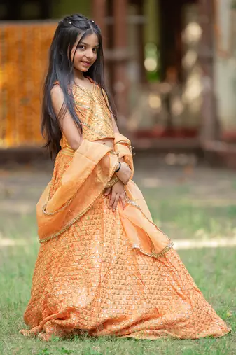 Orange silk embroidered sequin lehenga set