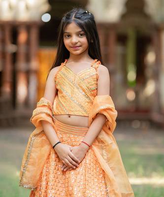 Orange silk embroidered sequin lehenga set 4