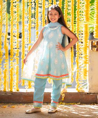 Blue crepe embroidered sequin panelled kurta pant set 2