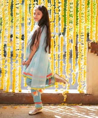 Blue crepe embroidered sequin panelled kurta pant set 4