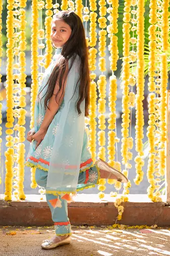 Blue crepe embroidered sequin panelled kurta pant set