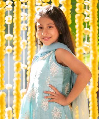 Blue crepe embroidered sequin panelled kurta pant set 5