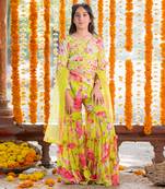 Green crepe embroidered bead floral print crop top sharara set