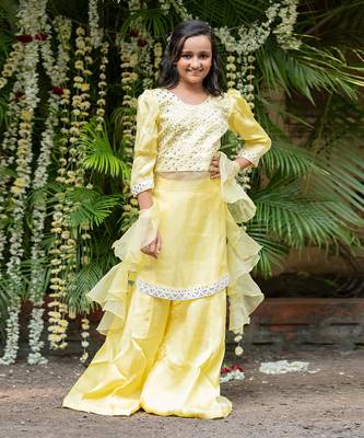 Yellow organza hand embroidered pearls kurta palazzo set 1