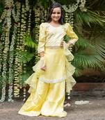 Yellow organza hand embroidered pearls kurta palazzo set