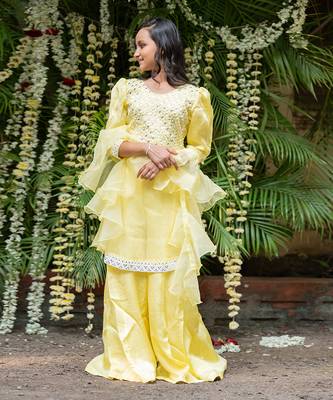Yellow organza hand embroidered pearls kurta palazzo set 2