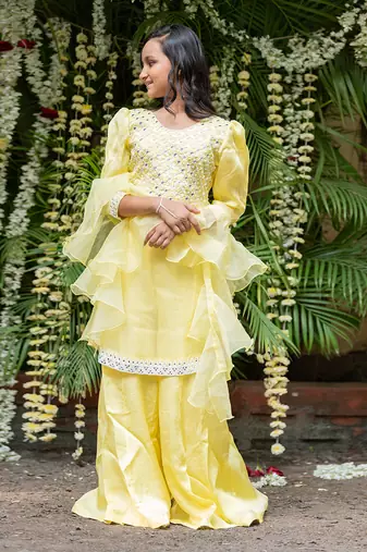 Yellow organza hand embroidered pearls kurta palazzo set