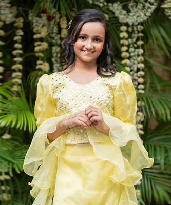 Yellow organza hand embroidered pearls kurta palazzo set 3
