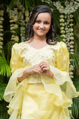 Yellow organza hand embroidered pearls kurta palazzo set