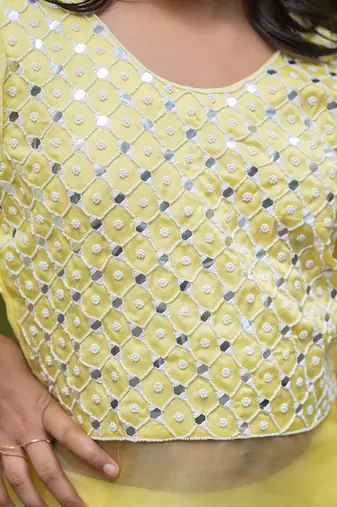Yellow organza hand embroidered pearls kurta palazzo set