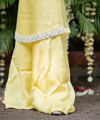Yellow organza hand embroidered pearls kurta palazzo set 5