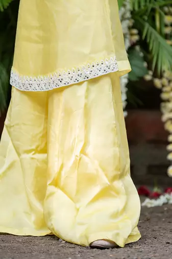 Yellow organza hand embroidered pearls kurta palazzo set