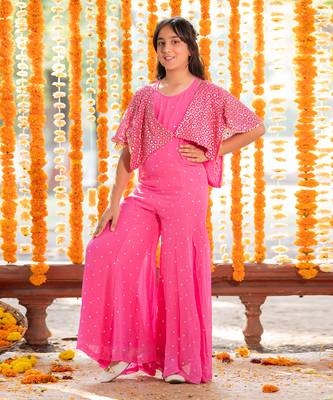 Pink embroidered jumpsuit with shrug 2