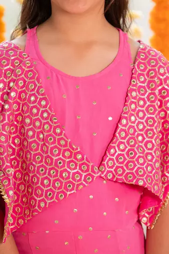 Pink embroidered jumpsuit with shrug
