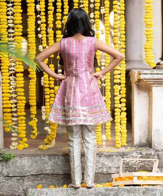 Pink tissue embroidered floral anarkali and pant set 4