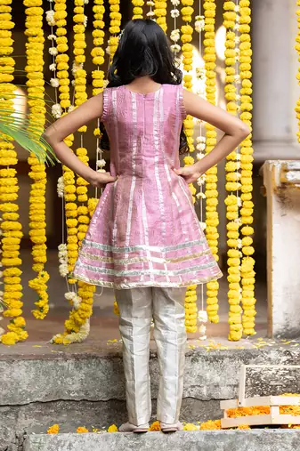 Pink tissue embroidered floral anarkali and pant set