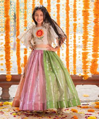 Girls Multicolor Tissue Lehenga Choli with Floral Work 1