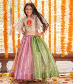 Girls Multicolor Tissue Lehenga Choli with Floral Work
