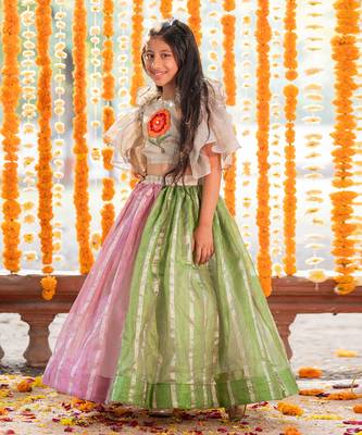 Girls Multicolor Tissue Lehenga Choli with Floral Work 2