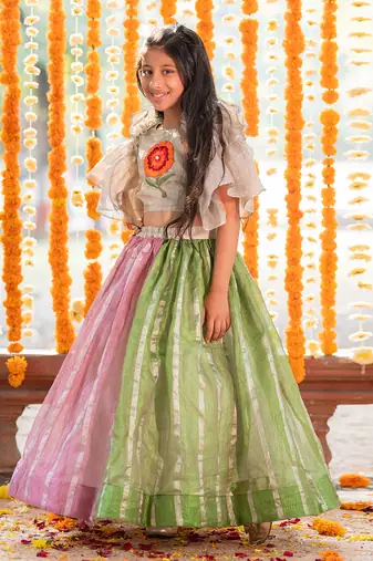 Girls Multicolor Tissue Lehenga Choli with Floral Work