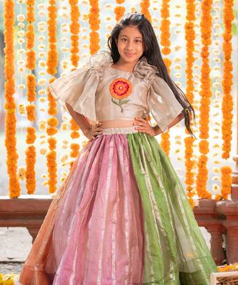 Girls Multicolor Tissue Lehenga Choli with Floral Work 3
