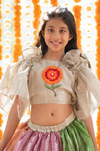 Girls Multicolor Tissue Lehenga Choli with Floral Work