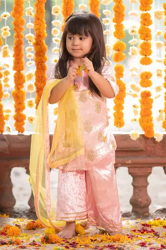 Pink velvet embroidered gota kurta and palazzo set