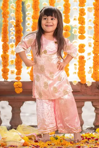 Pink velvet embroidered gota kurta and palazzo set