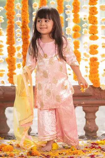 Pink velvet embroidered gota kurta and palazzo set
