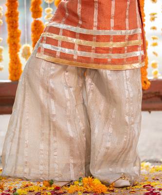 Orange tissue embroidered floral patchwork kurta and palazzo set 3
