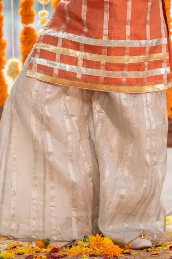 Orange tissue embroidered floral patchwork kurta and palazzo set