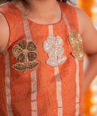 Orange tissue embroidered floral patchwork kurta and palazzo set 4