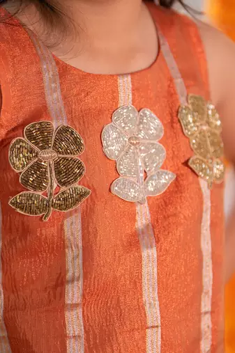 Orange tissue embroidered floral patchwork kurta and palazzo set