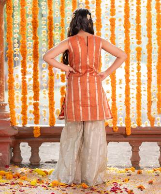 Orange tissue embroidered floral patchwork kurta and palazzo set 5