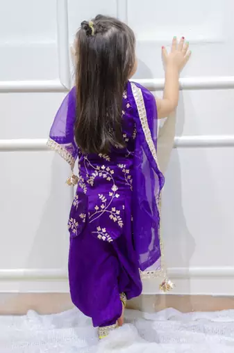 Purple gajji silk embroidered zari kurta dhoti pant set