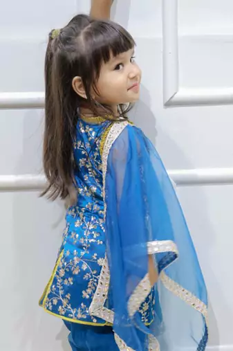 Peacock blue embroidered silk kurta with dhoti and dupatta